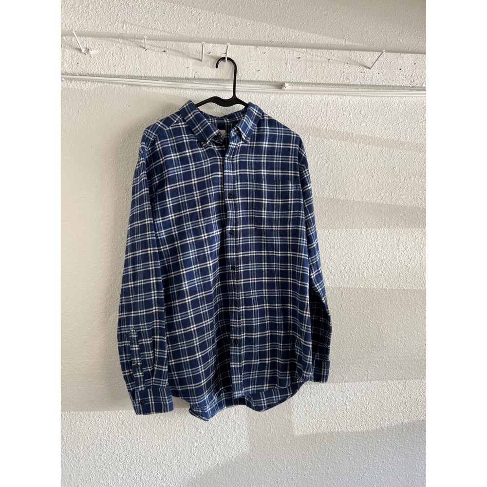 Croft & Barrow Mens Navy Blue White Plaid Flannel Shirt Large Cotton Button Down